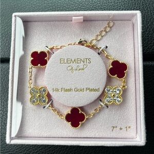 14k Gold Plated Four Leaf Clover Bracelet Faux Ruby & Crystal New NIB
